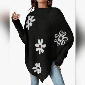 NWOT Floral Knitted Cape Poncho, Elegant Batwing Sleeve BLACK Asymmetrical MED